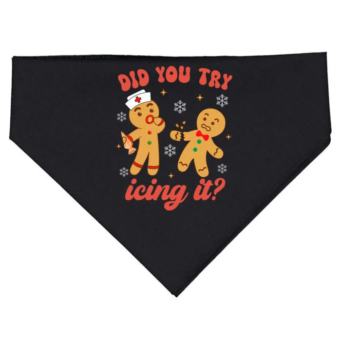 Funny Christmas Nurse Gingerbread Man Did You Try Icing It USA-Made Doggie Bandana