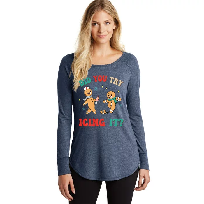 Funny Christmas Nurse Gingerbread Man Did You Try Icing It Sweatshirt Women's Perfect Tri Tunic Long Sleeve Shirt