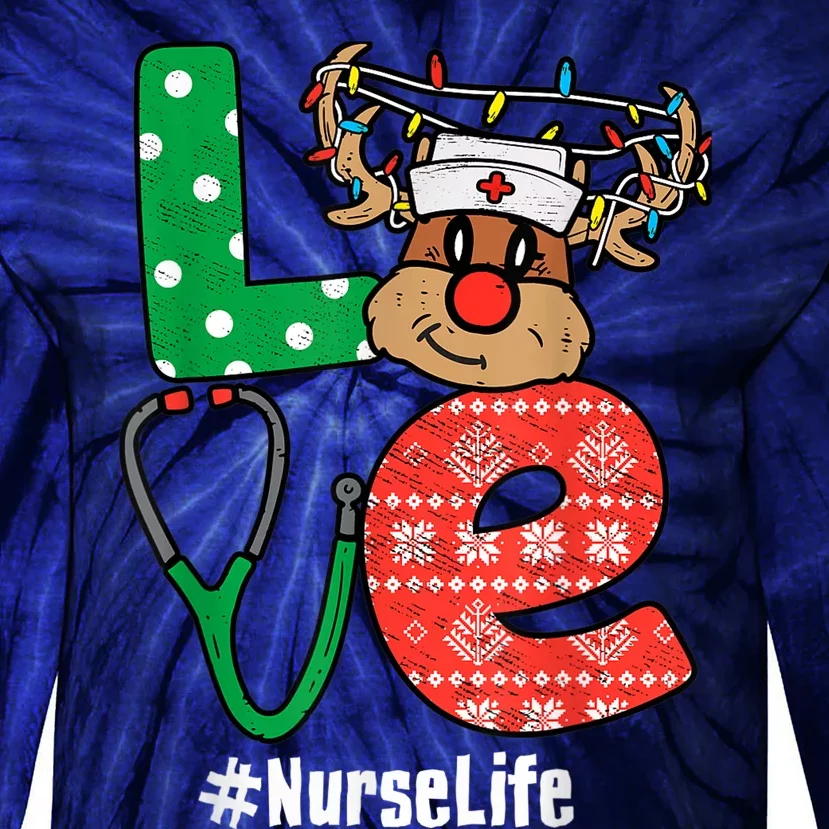 Funny Christmas Nurse Stethoscope Christmas Reindeer Nurse Tie-Dye Long Sleeve Shirt