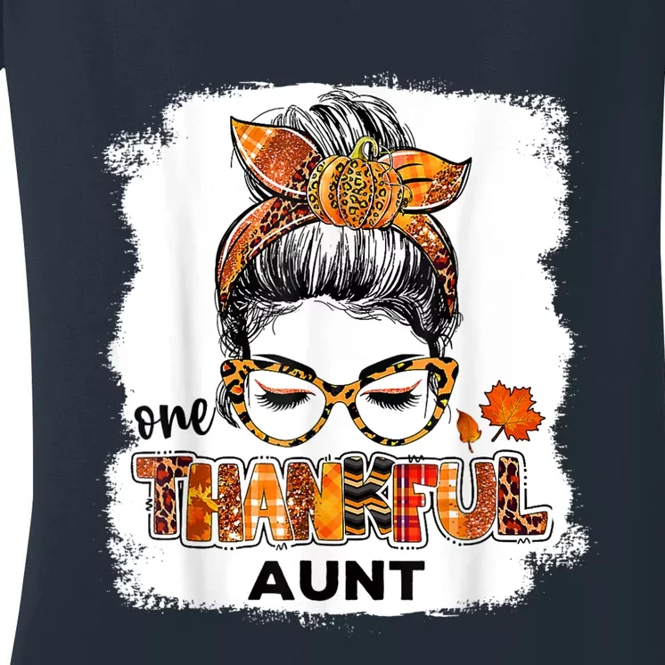 Funny Cute One Thankful Aunt Fall Costume Leaves Autumn Thanksgiving Women's V-Neck T-Shirt