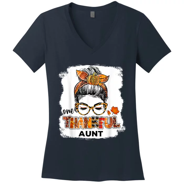 Funny Cute One Thankful Aunt Fall Costume Leaves Autumn Thanksgiving Women's V-Neck T-Shirt