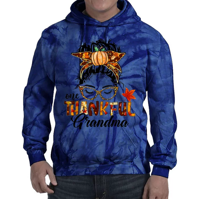 Funny Cute One Thankful Grandma Messy Bun Fall Autumn Tie Dye Hoodie