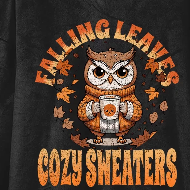 Fall Cute Owl With Coffee And Autumn Leaves Hooded Wearable Blanket