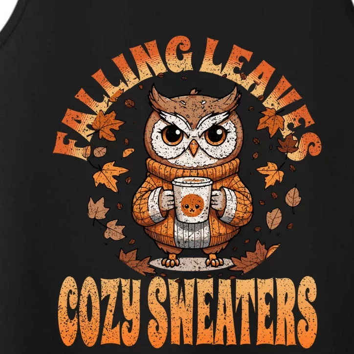 Fall Cute Owl With Coffee And Autumn Leaves Performance Tank