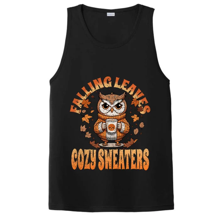 Fall Cute Owl With Coffee And Autumn Leaves Performance Tank