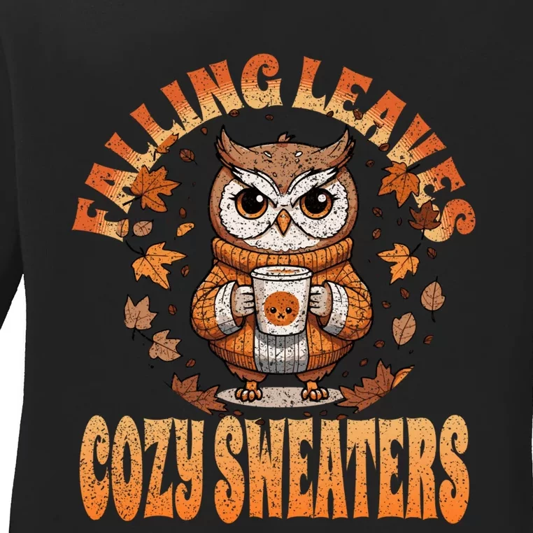 Fall Cute Owl With Coffee And Autumn Leaves Ladies Long Sleeve Shirt