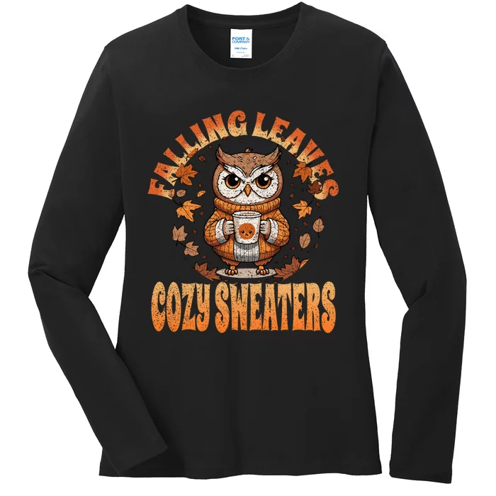 Fall Cute Owl With Coffee And Autumn Leaves Ladies Long Sleeve Shirt