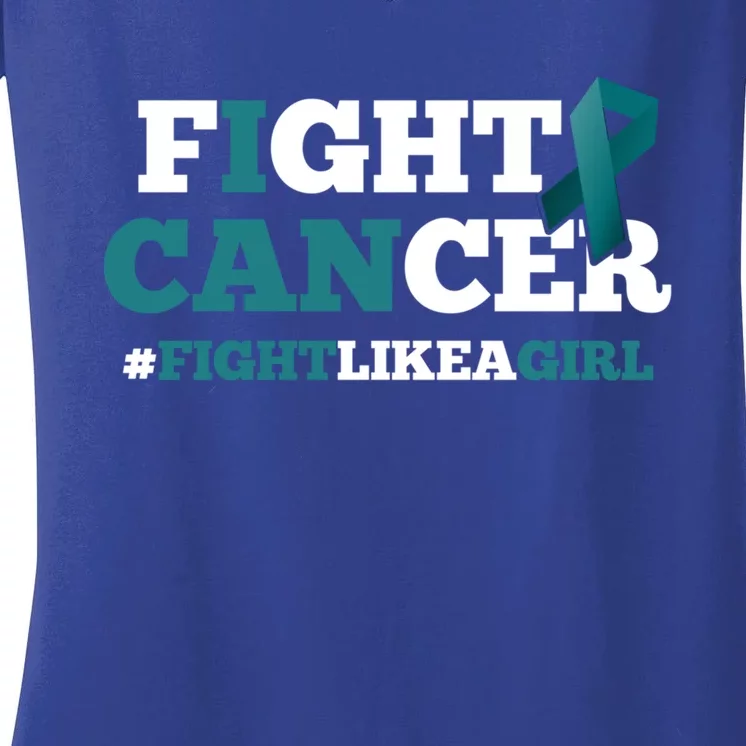 Fight Cancer Ovarian Teal Support Ribbon Gift Awareness Women's V-Neck T-Shirt