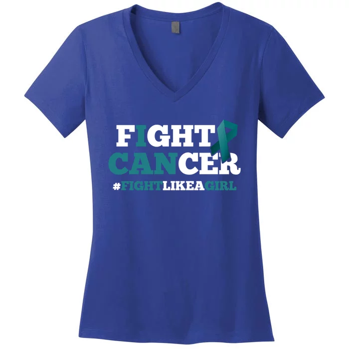 Fight Cancer Ovarian Teal Support Ribbon Gift Awareness Women's V-Neck T-Shirt