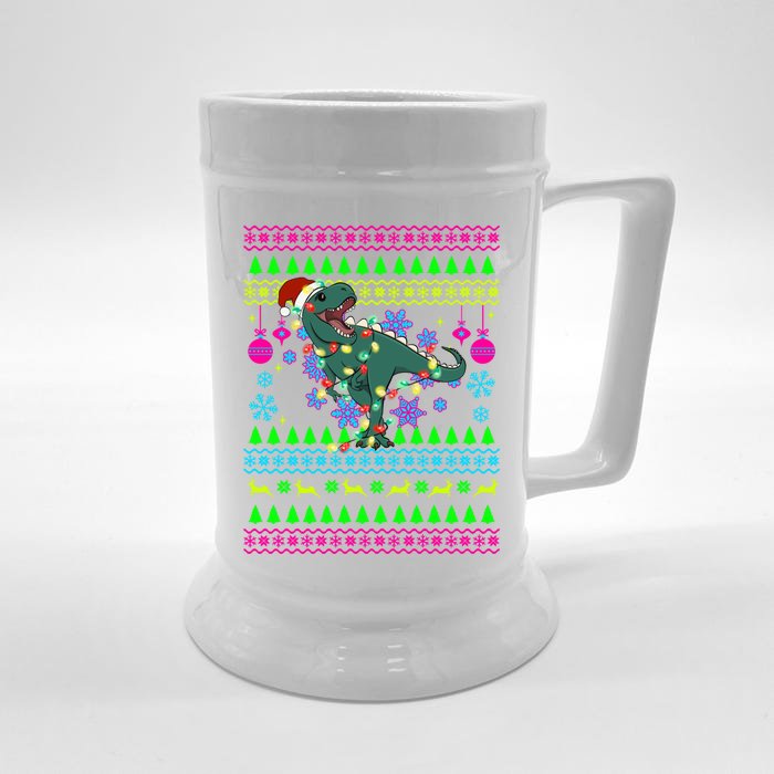 Funny Christmas Outfit Ugly Christmas Trex Gift Front & Back Beer Stein