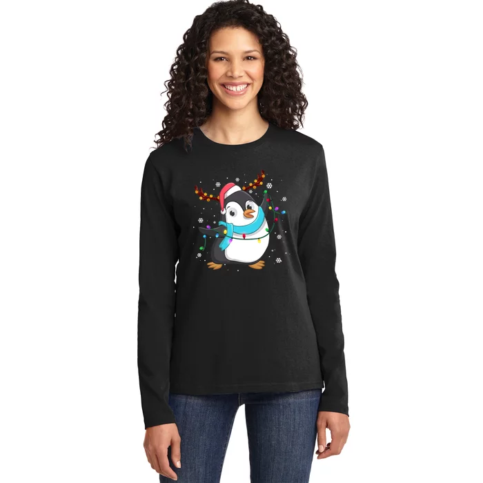 Funny Christmas Penguin Reindeer Santa Hat Lights Xmas Ladies Long Sleeve Shirt