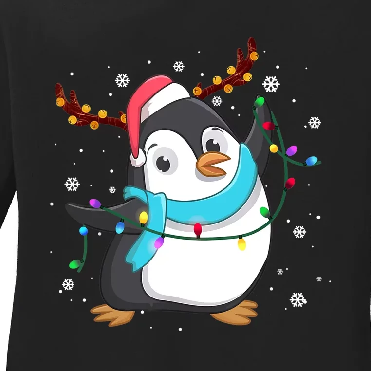 Funny Christmas Penguin Reindeer Santa Hat Lights Xmas Ladies Long Sleeve Shirt