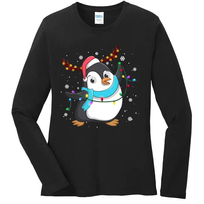 Funny Christmas Penguin Reindeer Santa Hat Lights Xmas Ladies Long Sleeve Shirt