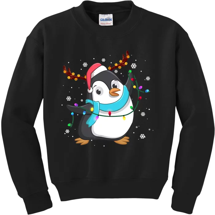 Funny Christmas Penguin Reindeer Santa Hat Lights Xmas Kids Sweatshirt