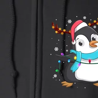 Funny Christmas Penguin Reindeer Santa Hat Lights Xmas Full Zip Hoodie