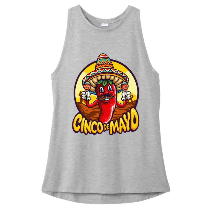 Funny chili playing maracas Mexican Fiesta 5 De Mayo Ladies Tri-Blend Wicking Tank