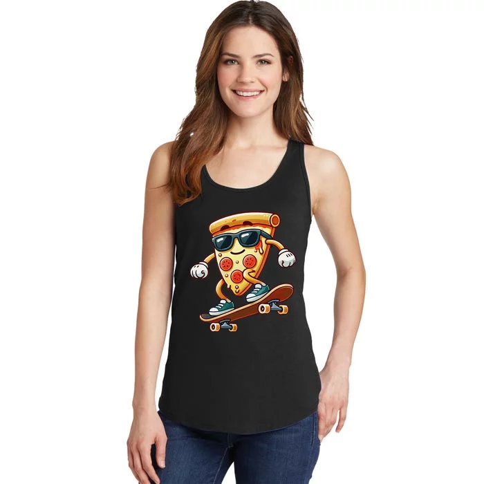 Funny Cheesy Pizza Sunglass Slice Skateboard Ladies Essential Tank