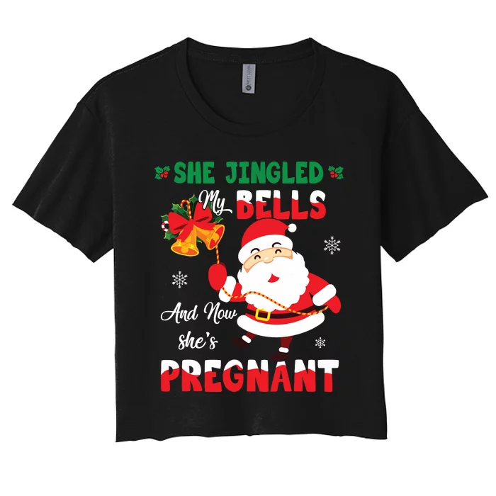 Funny Christmas Pregnancy Announcement New Dad Mom Women's Crop Top Tee