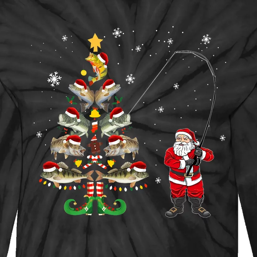 Fishermans Christmas Pajama Gift Tree Lights Merry Fishmas Tie-Dye Long Sleeve Shirt