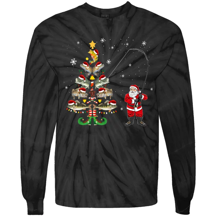 Fishermans Christmas Pajama Gift Tree Lights Merry Fishmas Tie-Dye Long Sleeve Shirt