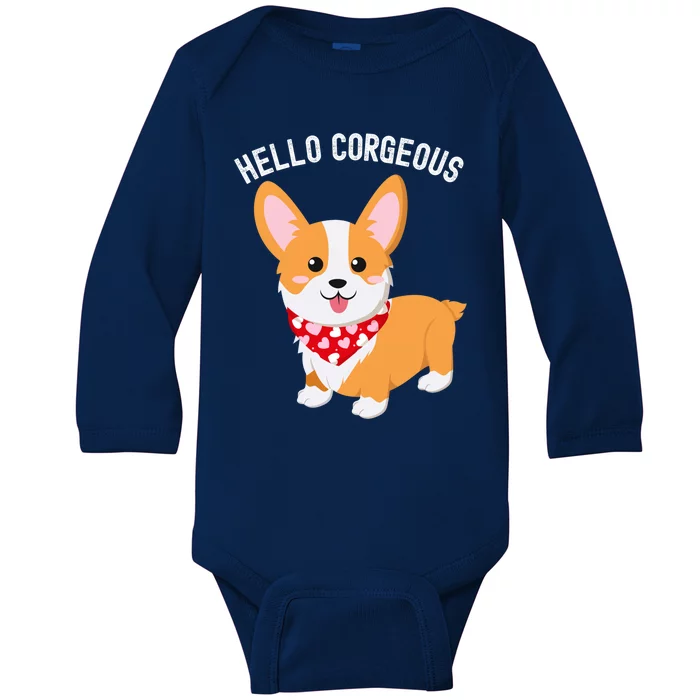 Funny Corgi Pun Hello Corgeous Valentines Day Gift Baby Long Sleeve Bodysuit