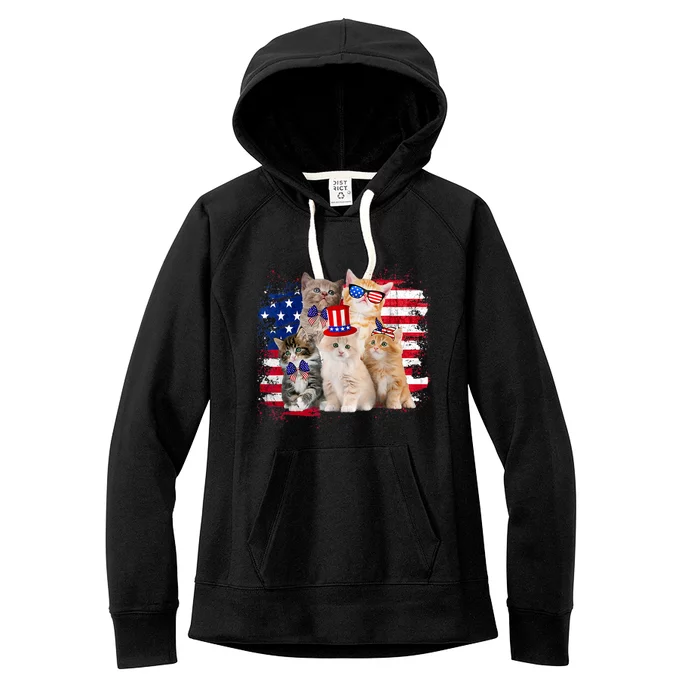 Funny Cat Patriotic USA Cat Lovers Cat Moms 4th July Women's Fleece Hoodie