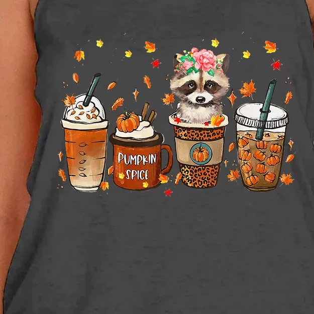 Fall Coffee Pumpkin Spice Latte Iced Autumn Raccoon Women's Knotted Racerback Tank