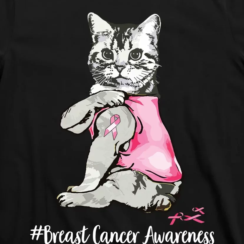 Funny Cat Pink Ribbon In October We Wear Pink Breast Cancer T-Shirt