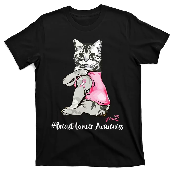 Funny Cat Pink Ribbon In October We Wear Pink Breast Cancer T-Shirt