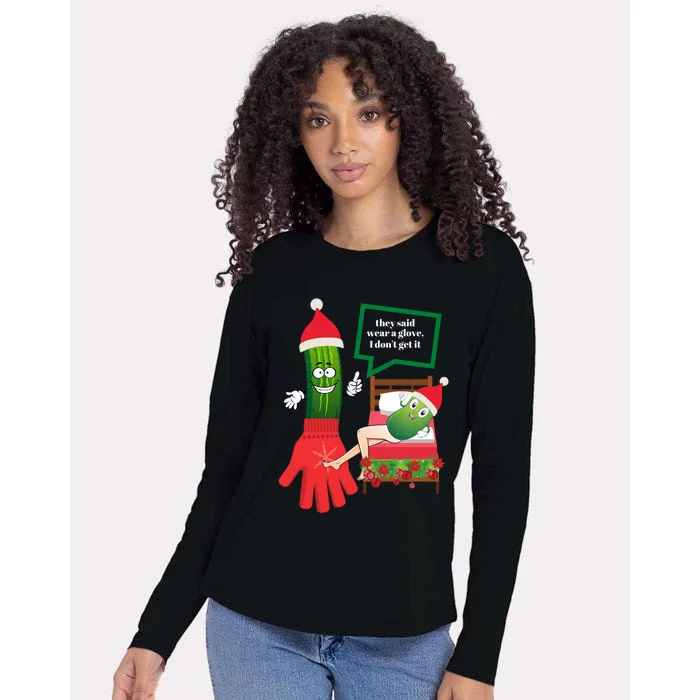 Funny Christmas Pickle Couple Wearing Santa Hat And Glove Gift Womens Cotton Relaxed Long Sleeve T-Shirt