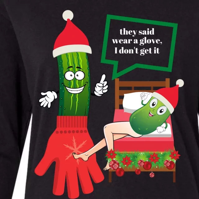 Funny Christmas Pickle Couple Wearing Santa Hat And Glove Gift Womens Cotton Relaxed Long Sleeve T-Shirt