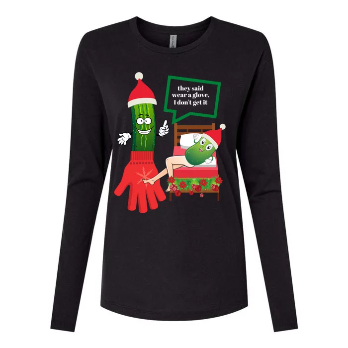 Funny Christmas Pickle Couple Wearing Santa Hat And Glove Gift Womens Cotton Relaxed Long Sleeve T-Shirt