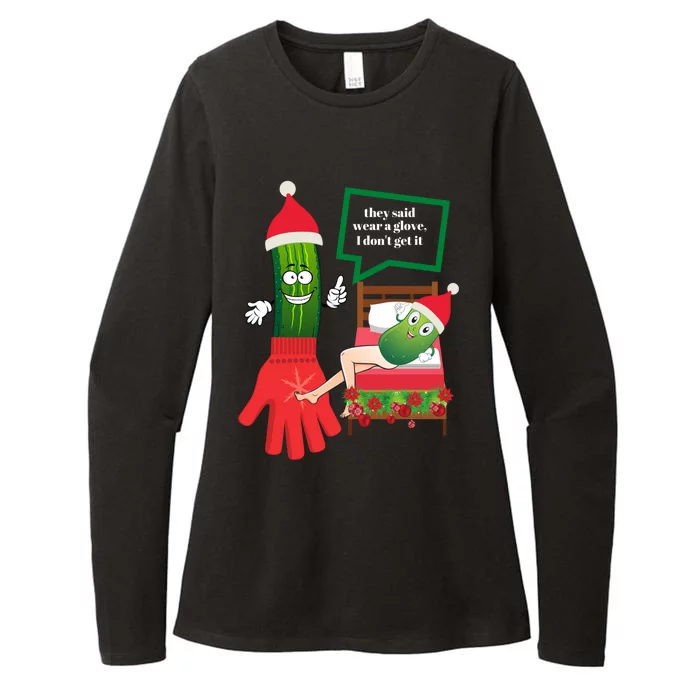 Funny Christmas Pickle Couple Wearing Santa Hat And Glove Gift Womens CVC Long Sleeve Shirt