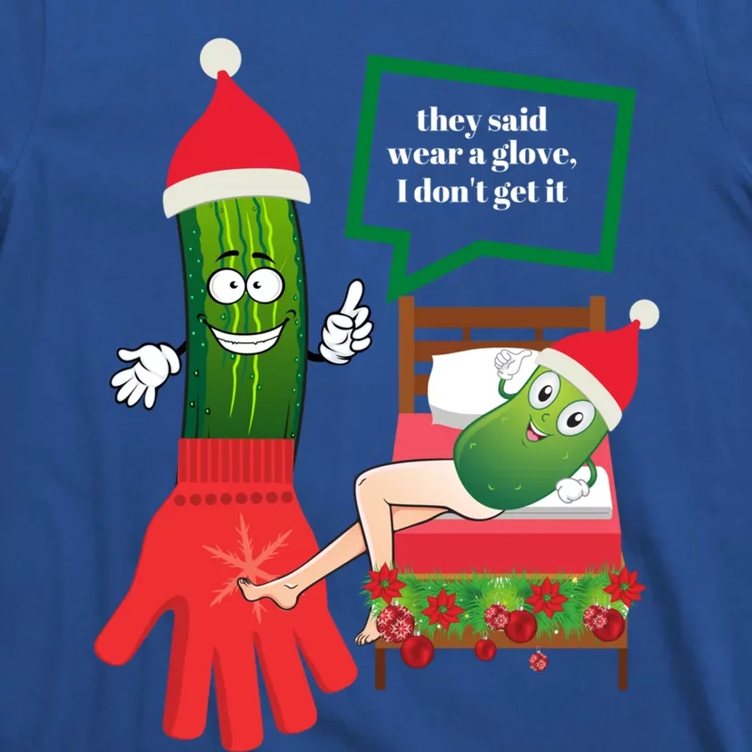 Funny Christmas Pickle Couple Wearing Santa Hat And Glove Gift T-Shirt