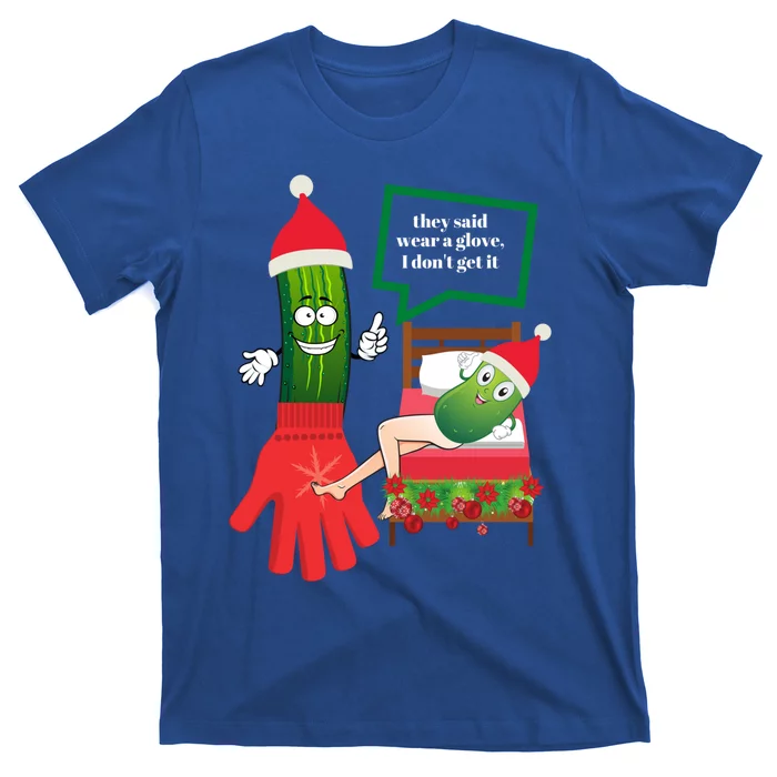 Funny Christmas Pickle Couple Wearing Santa Hat And Glove Gift T-Shirt