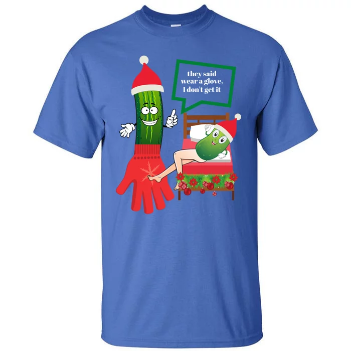 Funny Christmas Pickle Couple Wearing Santa Hat And Glove Gift Tall T-Shirt