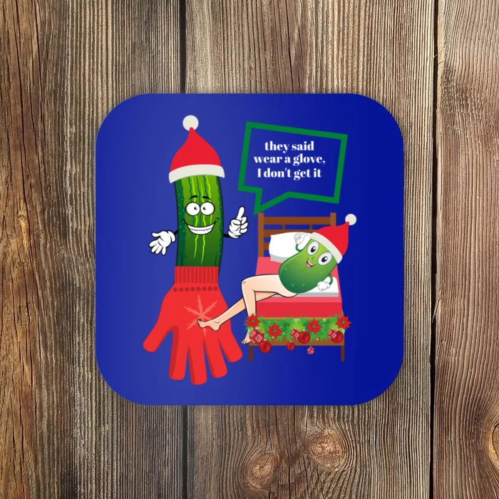 Funny Christmas Pickle Couple Wearing Santa Hat And Glove Gift Coaster