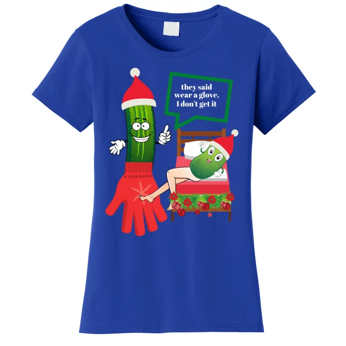 Funny Christmas Pickle Couple Wearing Santa Hat And Glove Gift Women's T-Shirt