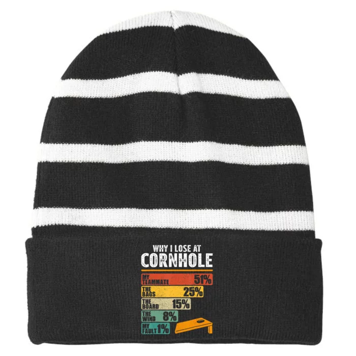 Funny Cornhole Player Why I Lose At Cornhole Striped Beanie with Solid Band