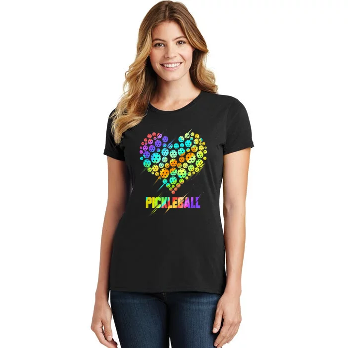 Funny Colorful Paddle Sports Player Pickleball Heart Gift Women's T-Shirt