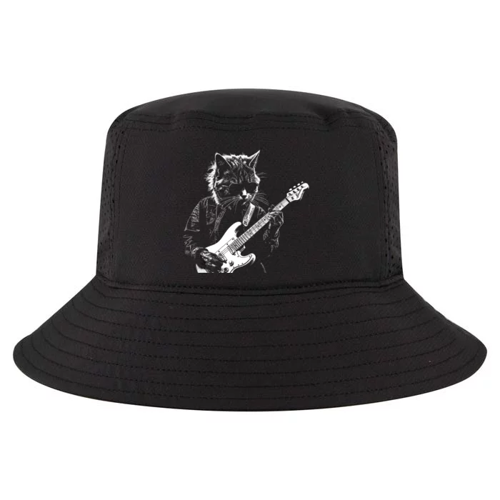 Funny Cat Playing Electric Guitar Cool Stencil Art Punk Rock Cool Comfort Performance Bucket Hat