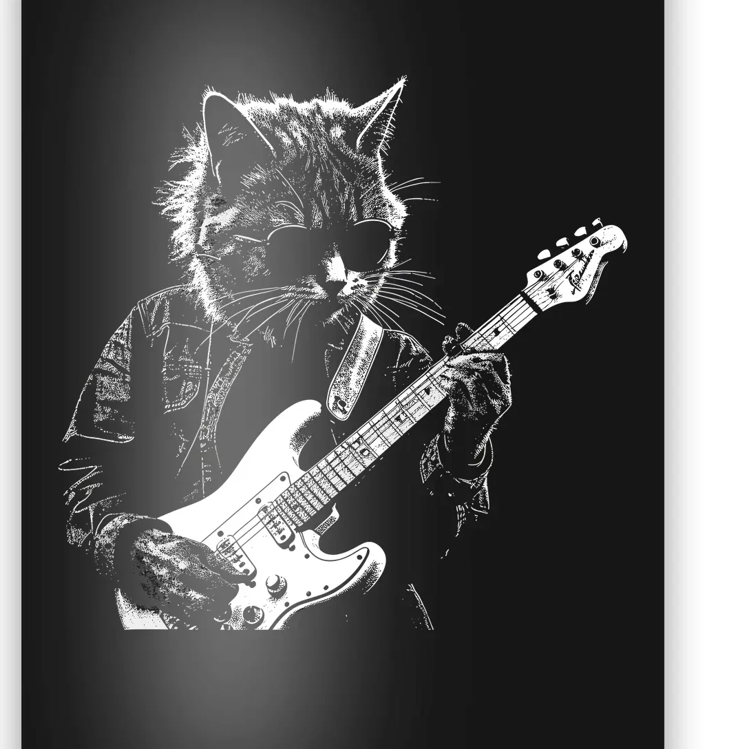 Funny Cat Playing Electric Guitar Cool Stencil Art Punk Rock Poster