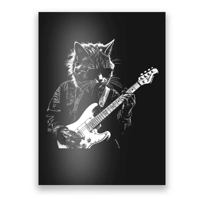 Funny Cat Playing Electric Guitar Cool Stencil Art Punk Rock Poster