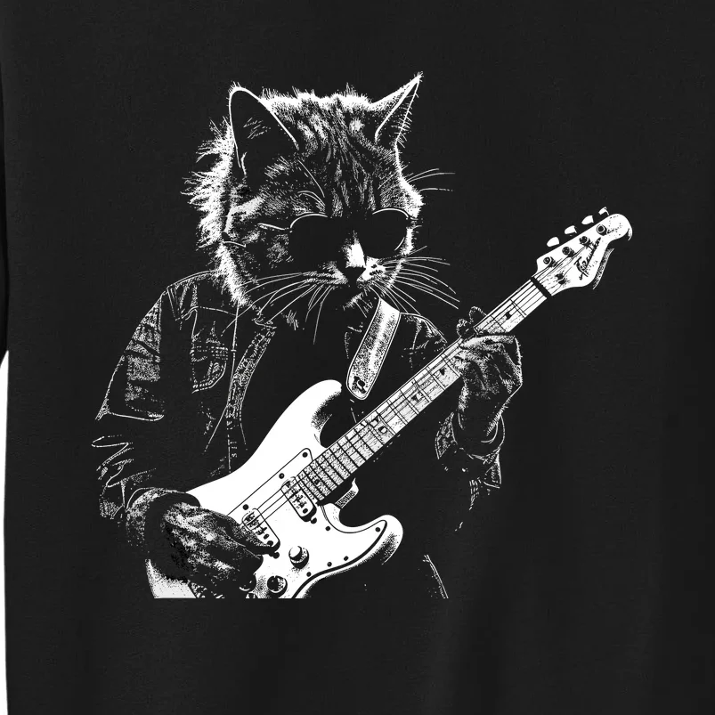 Funny Cat Playing Electric Guitar Cool Stencil Art Punk Rock Tall Sweatshirt