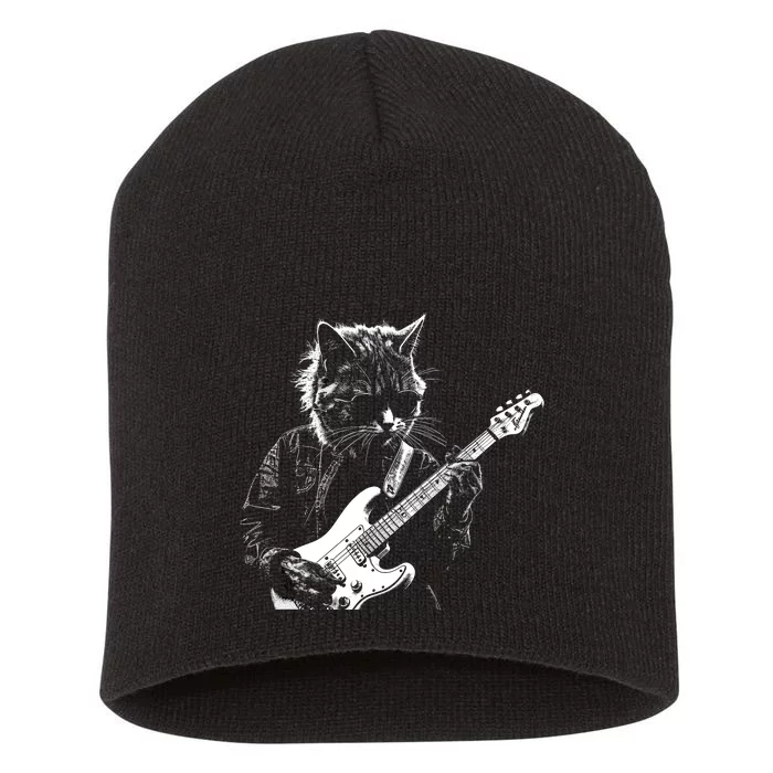 Funny Cat Playing Electric Guitar Cool Stencil Art Punk Rock Short Acrylic Beanie