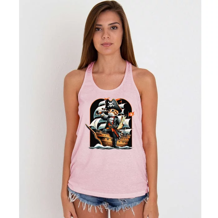 Funny Cat Pirate Cat Adventure Women's Knotted Racerback Tank