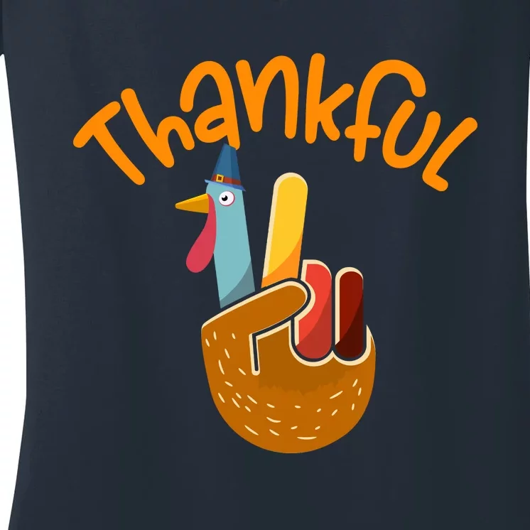 Funny Cute Peace Hand Sign Thankful Turkey Happy Thanksgiving Women's V-Neck T-Shirt