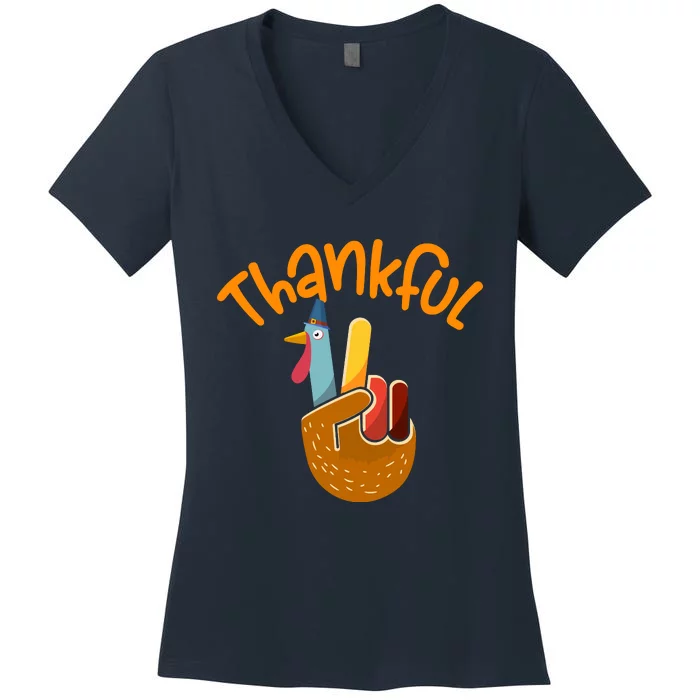 Funny Cute Peace Hand Sign Thankful Turkey Happy Thanksgiving Women's V-Neck T-Shirt