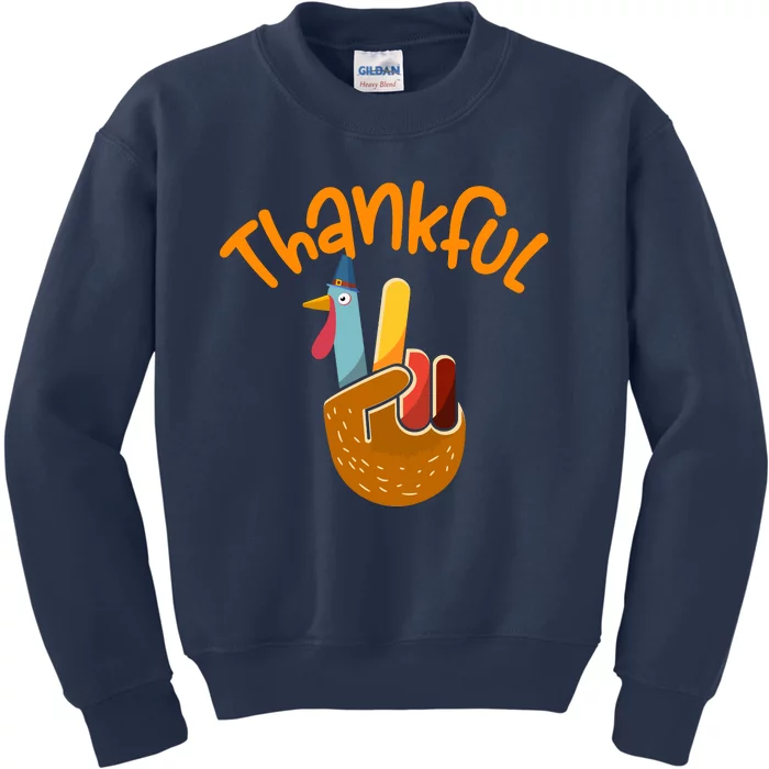 Funny Cute Peace Hand Sign Thankful Turkey Happy Thanksgiving Kids Sweatshirt