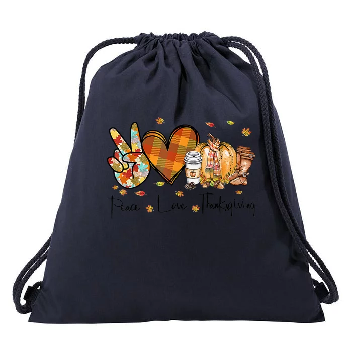 Funny Cute Peace Love Thanksgiving Autumn Season Pumpkin Coffee Lover Drawstring Bag